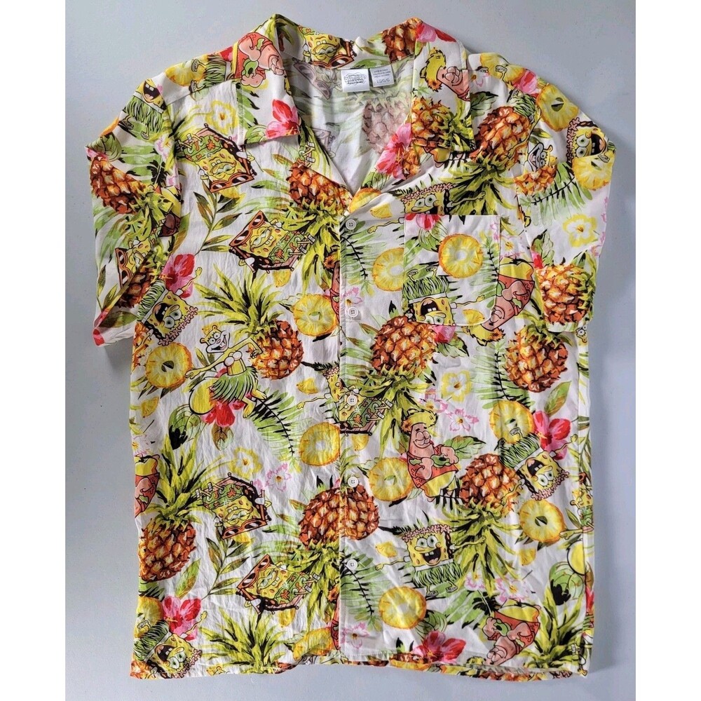 SpongeBob SquarePants Shirt Hawaiian Button Up Short Sleeve Pineapple Sz Large